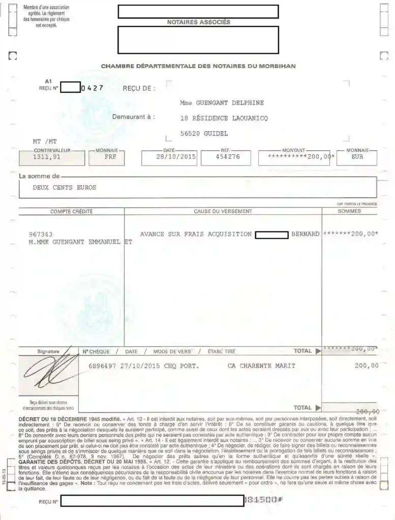 recu du compromis de vente